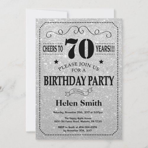 70th Birthday Invitation Black and Silver Glitter