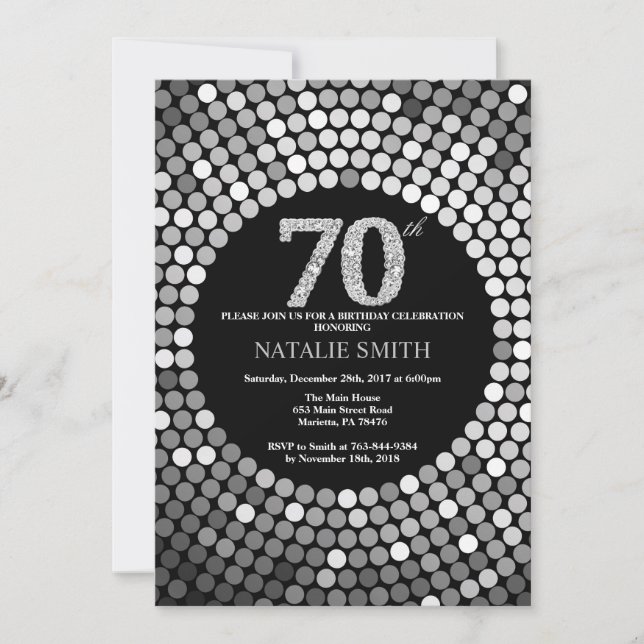 70th Birthday Invitation Black and Silver Glitter (Front)