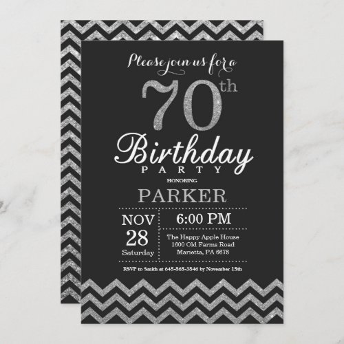 70th Birthday Invitation Black and Silver Glitter