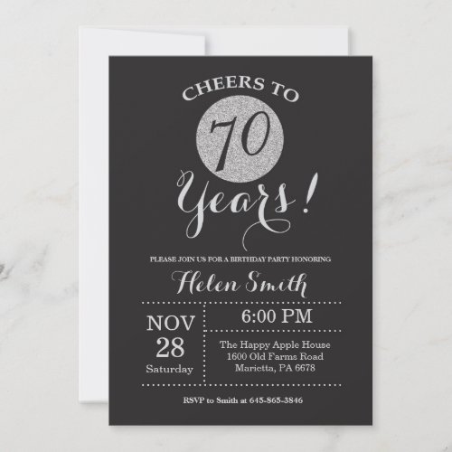 70th Birthday Invitation Black and Silver Glitter