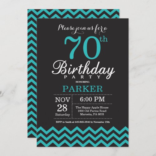 70th Birthday Invitation Black and Teal