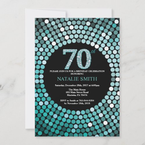70th Birthday Invitation Black and Teal Glitter