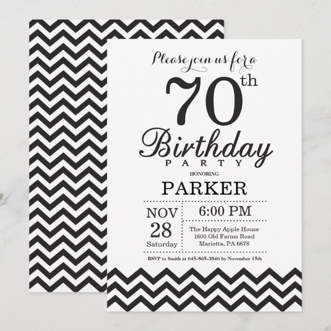 70th Birthday Invitation Black and White Chevron (Front/Back)