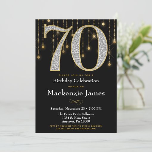 70th Birthday Invitation Black Gold Diamonds Adult | Zazzle