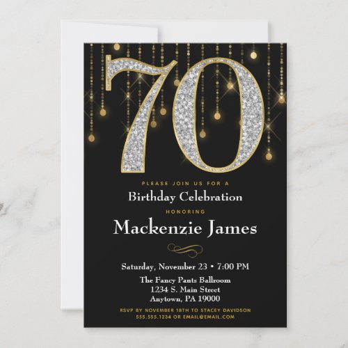 70th Birthday Invitation Black Gold Diamonds Adult