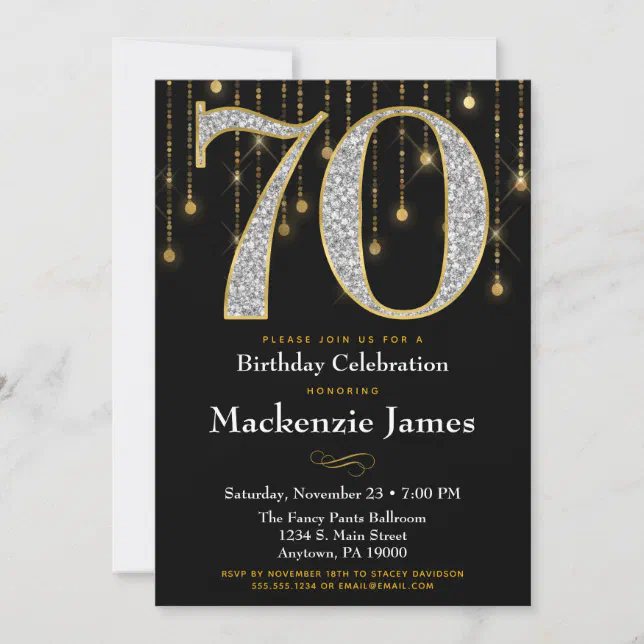 70th Birthday Invitation Black Gold Diamonds Adult | Zazzle