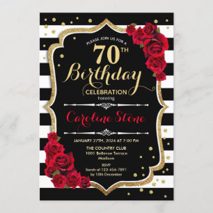 70th Birthday Invitation Black White Stripes Roses