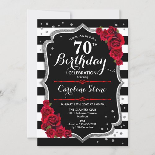 70th Birthday Invitation Black White Stripes Roses
