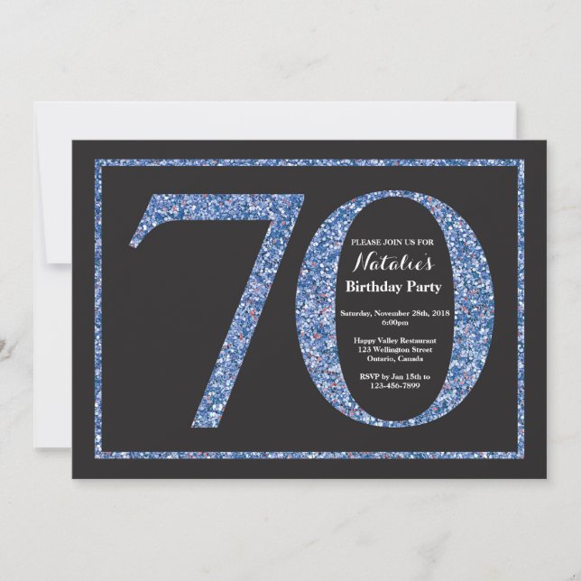 70th Birthday Invitation Blue Glitter Chalkboard (Front)