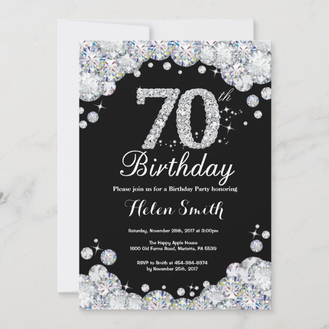 70th Birthday Invitation Chalkboard Silver Diamond (Front)