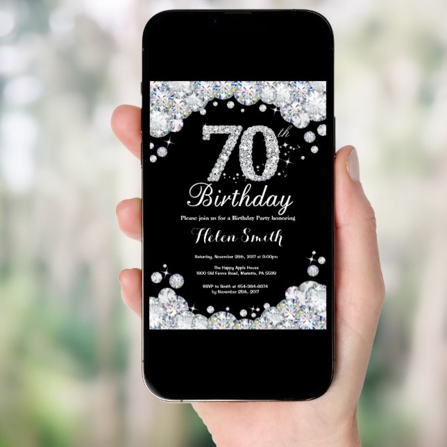 70th Birthday Invitation Chalkboard Silver Diamond (Front Digital)