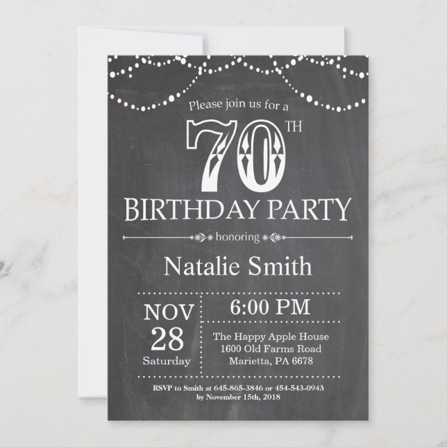 70th Birthday Invitation Chalkboard String Lights (Front)