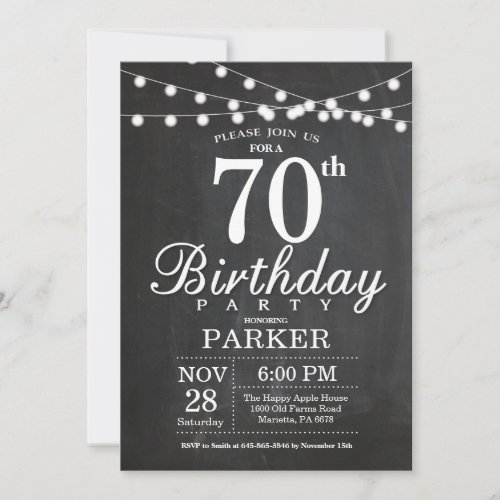 70th Birthday Invitation Chalkboard String Lights