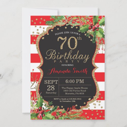 70th Birthday Invitation Christmas Red Black Gold Invitation