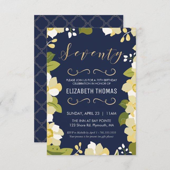 70th Birthday Invitation, Customize Floral w/ Gold Invitation (Front/Back)