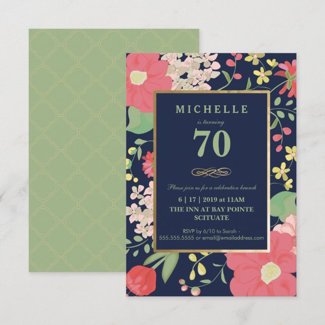 70th Birthday Invitation - Elegant Floral, Small (Front/Back)