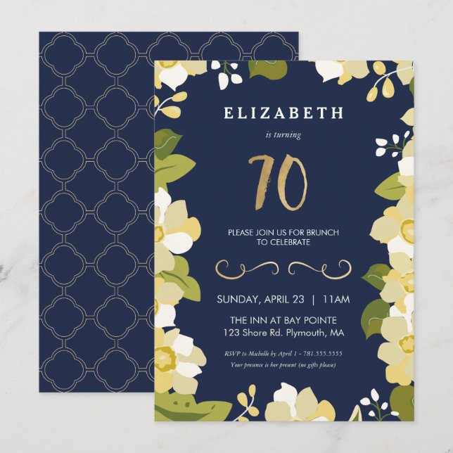 70th Birthday Invitation, Elegant Flowers Custom Invitation (Front/Back)