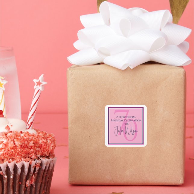 70th Birthday Invitation Elegant Pink & Navy Square Sticker (Party)