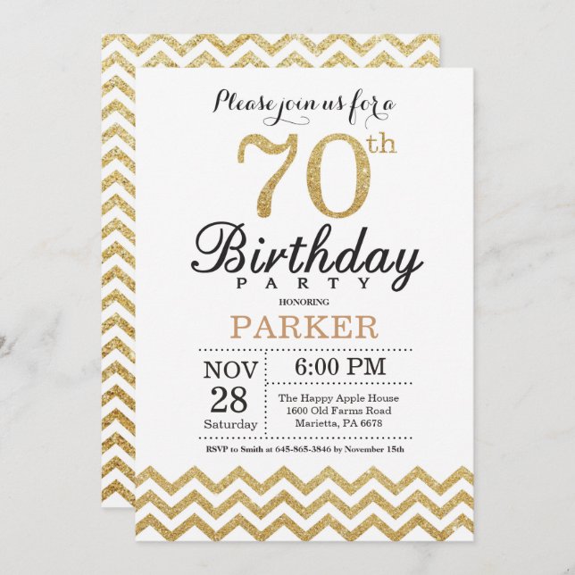 70th Birthday Invitation Gold Glitter (Front/Back)