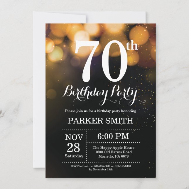 70th Birthday Invitation Gold Glitter (Front)