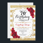 70th Birthday Invitation Gold White Stripes Roses<br><div class="desc">70th birthday invitation for women. Elegant gold white red design with faux glitter. Features gold and white stripes,  red roses and script font. Perfect for a stylish milestone bday celebration.</div>