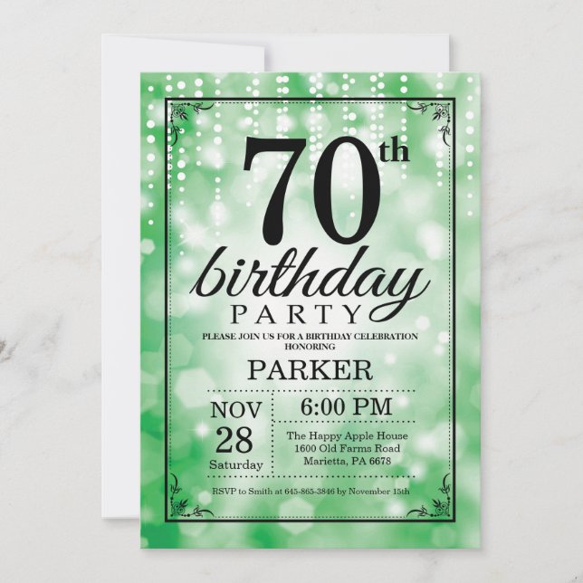 70th Birthday Invitation Green Glitter (Front)