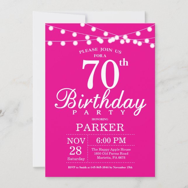 70th Birthday Invitation Hot Pink (Front)