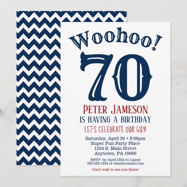 70th Birthday Invitation Mens Navy Blue (Front/Back)