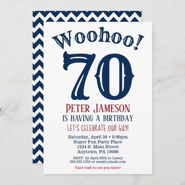 70th Men's Birthday Invitation - Blue Chevron