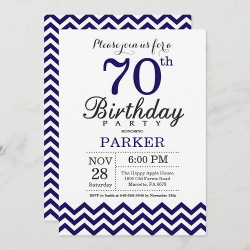 70th Birthday Invitation Navy Blue Chevron