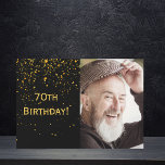 70th birthday invitation photo black for guys men<br><div class="desc">Black background with golden confetti. With the text: 70th Birthday! on front. Template for your photo.  A birthday party invitation for men.

Add your event details on back.</div>