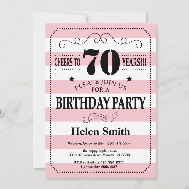 70th Birthday Invitation Pink and White Stripes (Front)