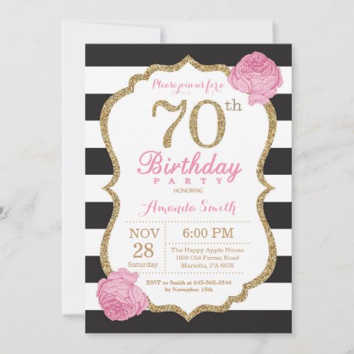 70th Birthday Invitation Pink Black Gold Floral