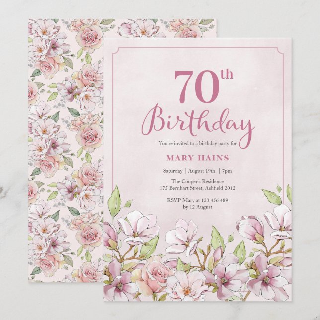 70th Birthday Invitation Pink Floral (Front/Back)
