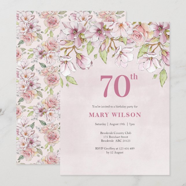 70th Birthday Invitation Pink Floral (Front/Back)