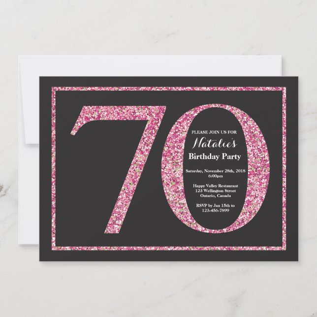 70th Birthday Invitation Pink Glitter Chalkboard (Front)