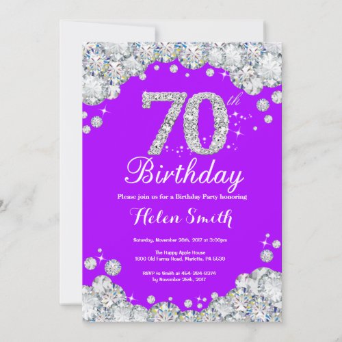 70th Birthday Invitation Purple and Silver Diamond