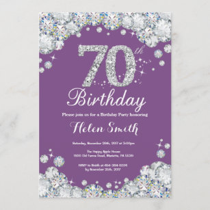 70th Birthday Invitation Purple and Silver Diamond