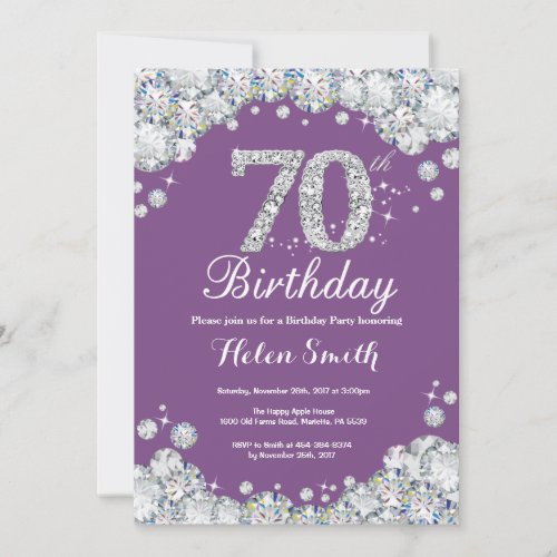 70th Birthday Invitation Purple and Silver Diamond