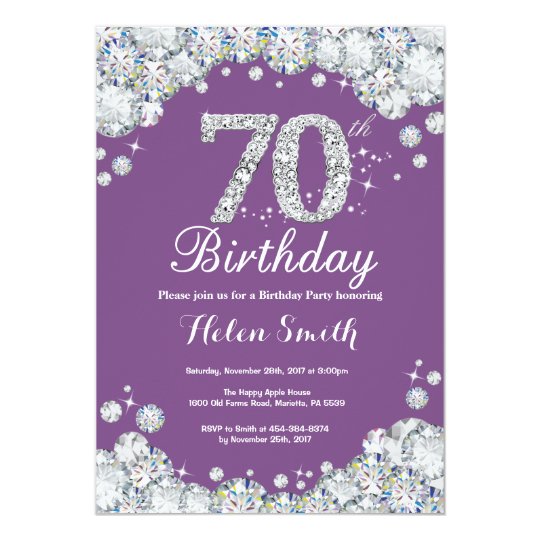 70th Birthday Invitation Purple And Silver Diamond