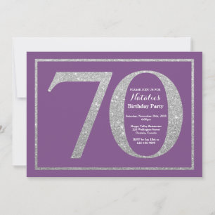 70th Birthday Invitation Purple and Silver Glitter