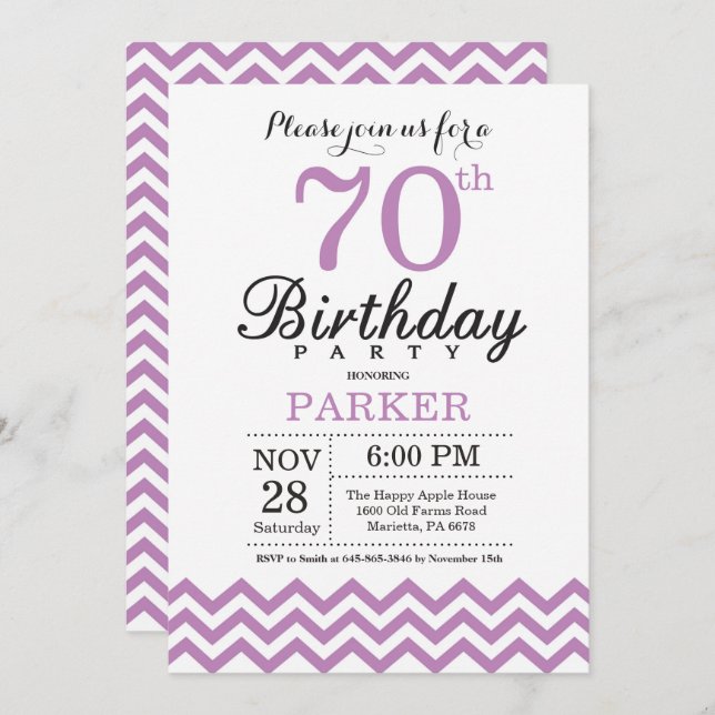 70th Birthday Invitation Purple Chevron (Front/Back)
