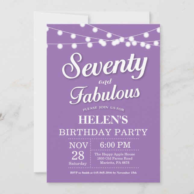 70th Birthday Invitation Purple Fabulous (Front)