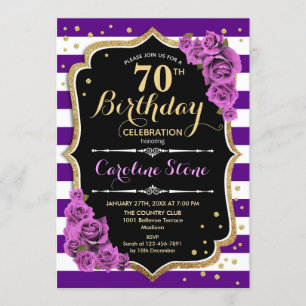 70th Birthday Invitation Purple Gold With Roses