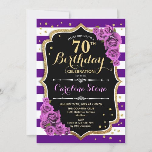 70th Birthday Invitation Purple Gold With Roses