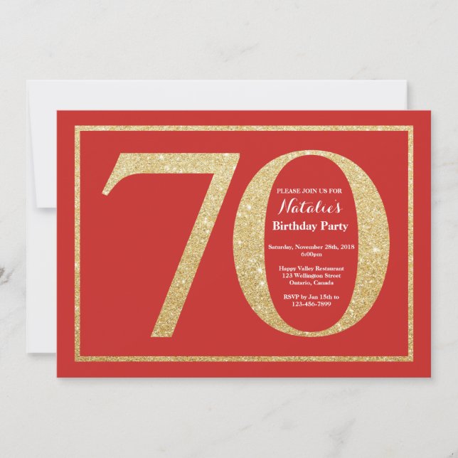 70th Birthday Invitation Red and Gold Glitter (Front)