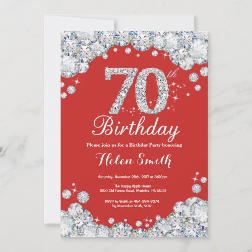70th Birthday Invitation Red and Silver Diamond