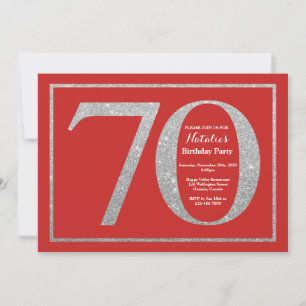 70th Birthday Invitation Red and Silver Glitter