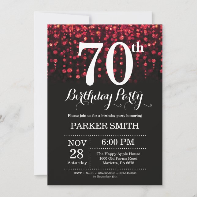 70th Birthday Invitation Red Glitter (Front)
