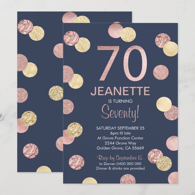 70th Birthday Invitation Rose Gold and Navy (Front/Back)